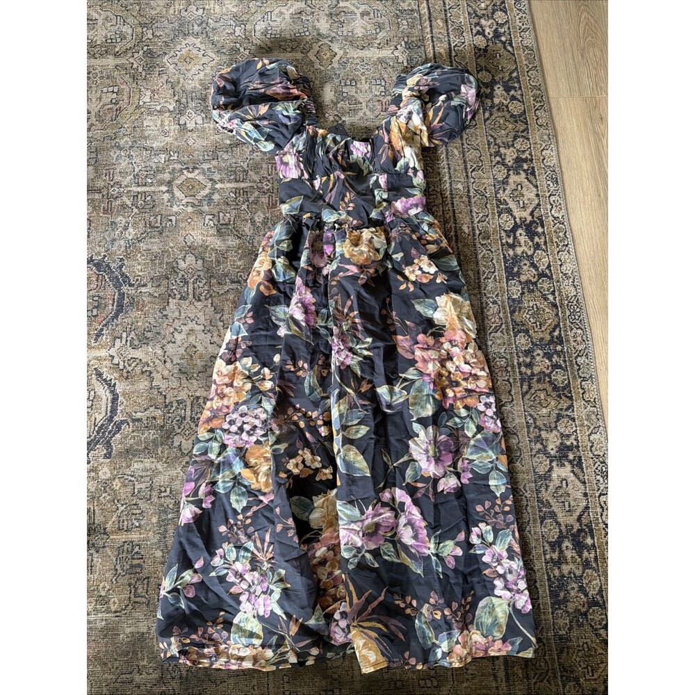 Lulu’s Adorable Tendencies Dark Grey Floral Puff Sleeve Midi Dress Small NWT - Picture 5 of 7